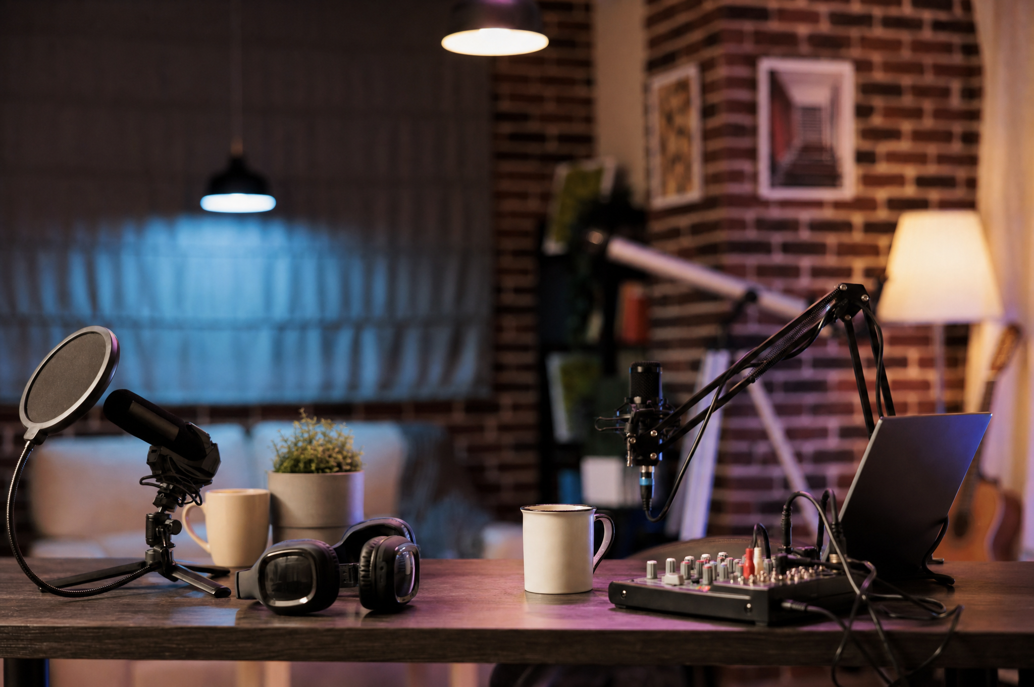 Podcast host speaking into a microphone in a corporate studio
